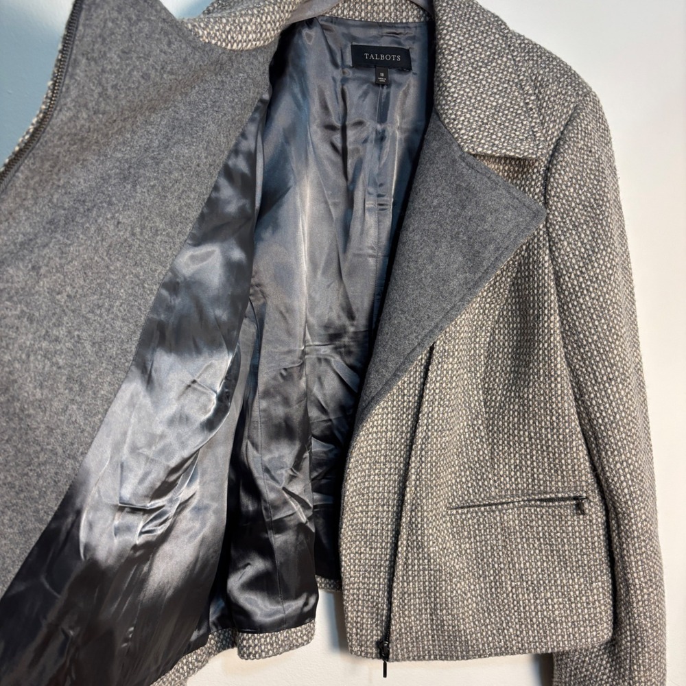 Talbots Wool Blend Moto Jacket 18 Gray Tweed Asymmetrical Zip Quiet Luxury - Picture 8 of 11